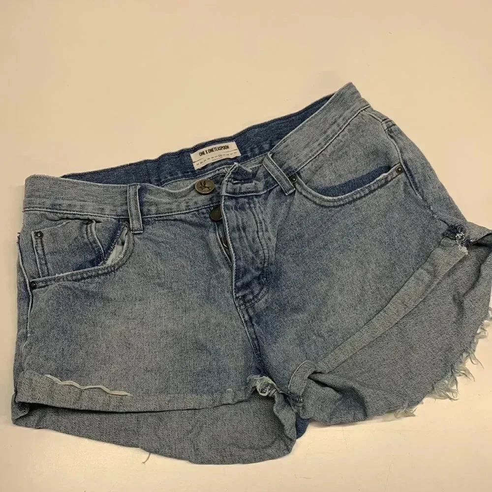 One Teaspoon Bandits Denim Jean Shorts Button Fly Twisted Distressed Blue 28